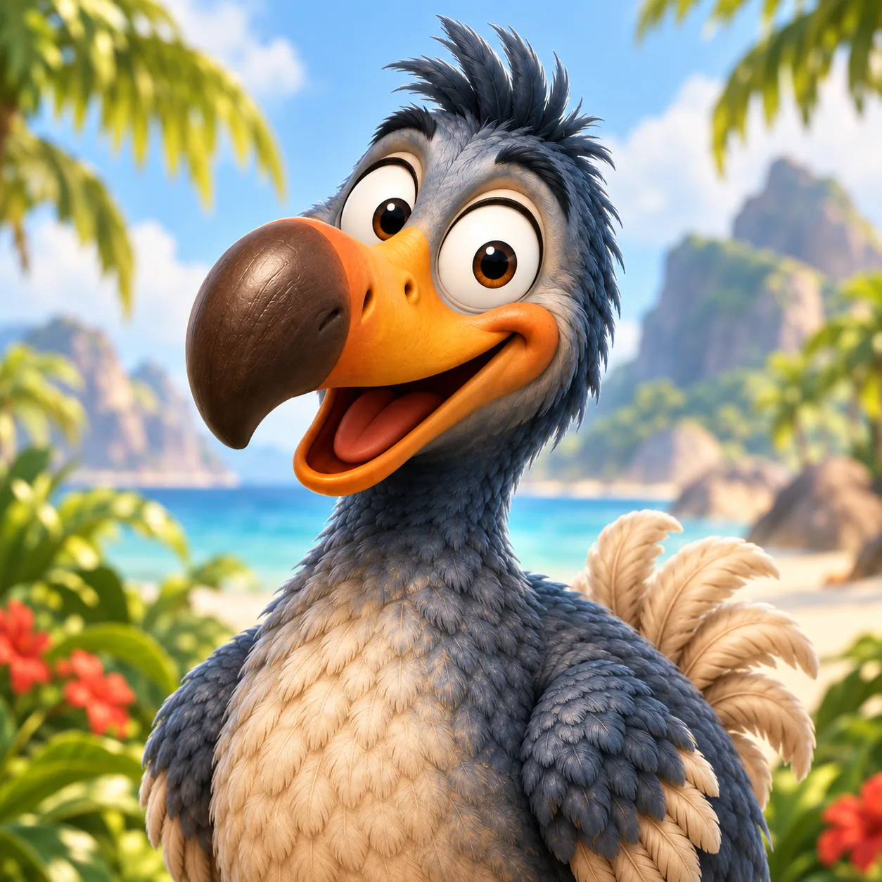 A smiling blue-crested DODO with a tropical coast behind him