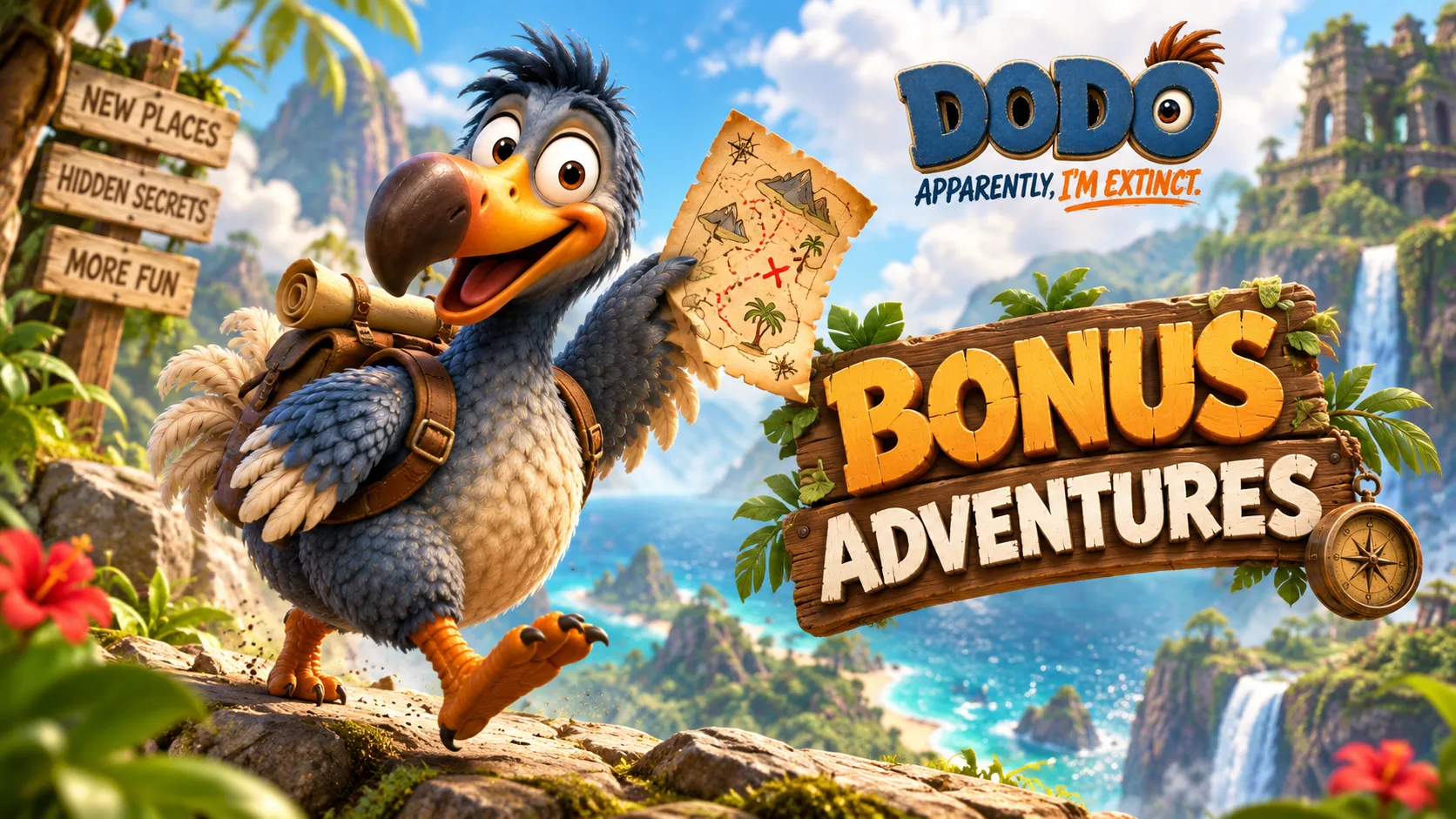 DODO holding a map beside a Bonus Adventures sign