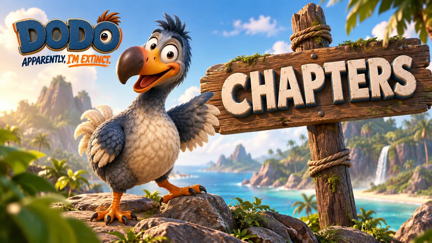 DODO beside a wooden Chapters sign on a tropical coast