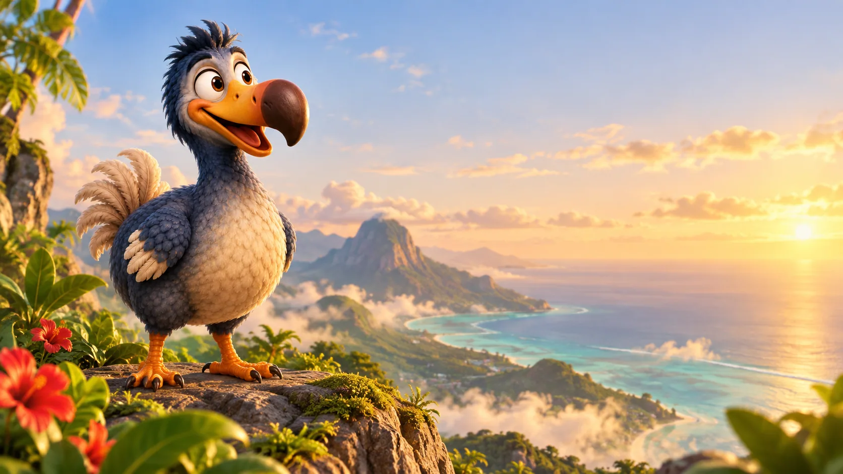DODO standing on a rocky ledge above a tropical coastline at sunrise