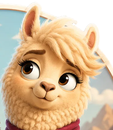 LAMA, the cream llama with eyelashes and a calm expression