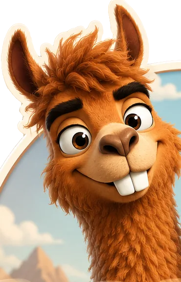 LAMO, the taller caramel llama with a shaggy forelock and front teeth