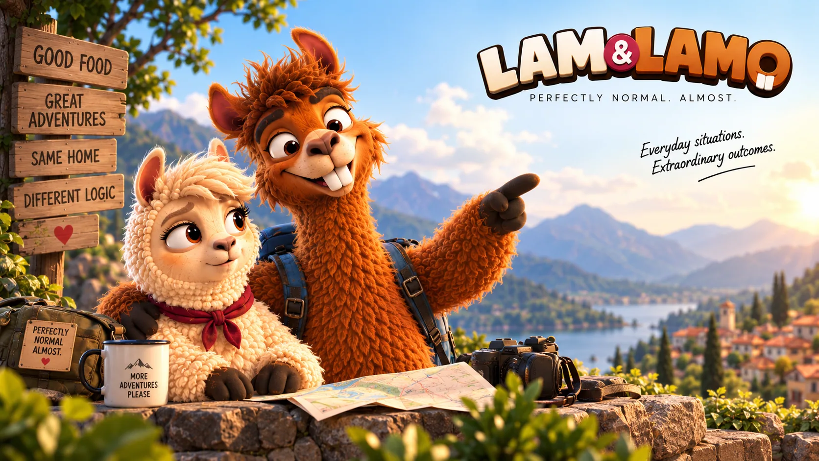 LAMA and LAMO exploring a mountain landscape